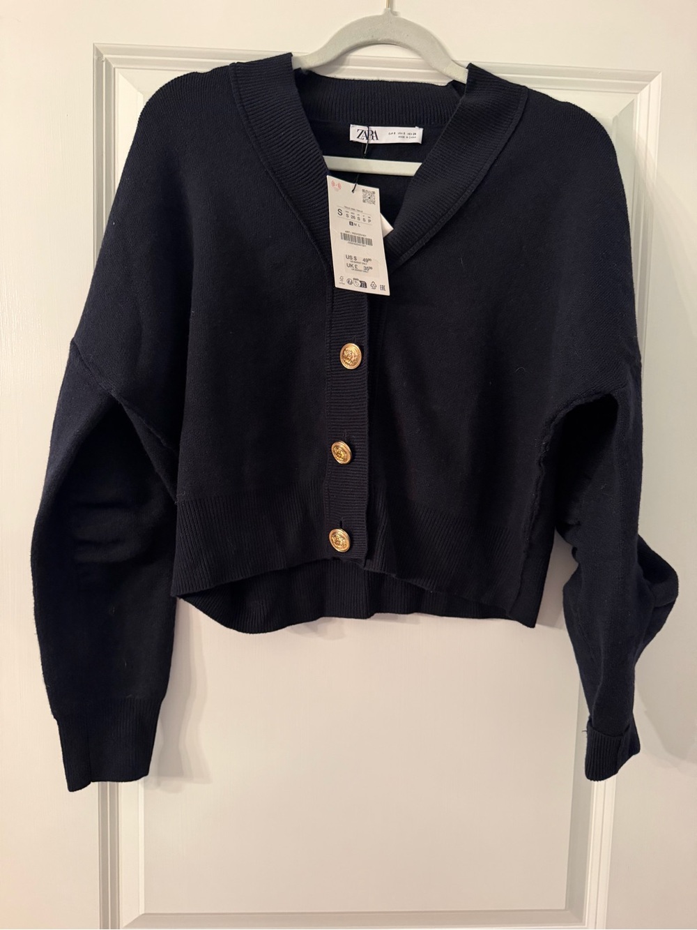 Zara NAVY Cropped Cardigan with Gold Buttons